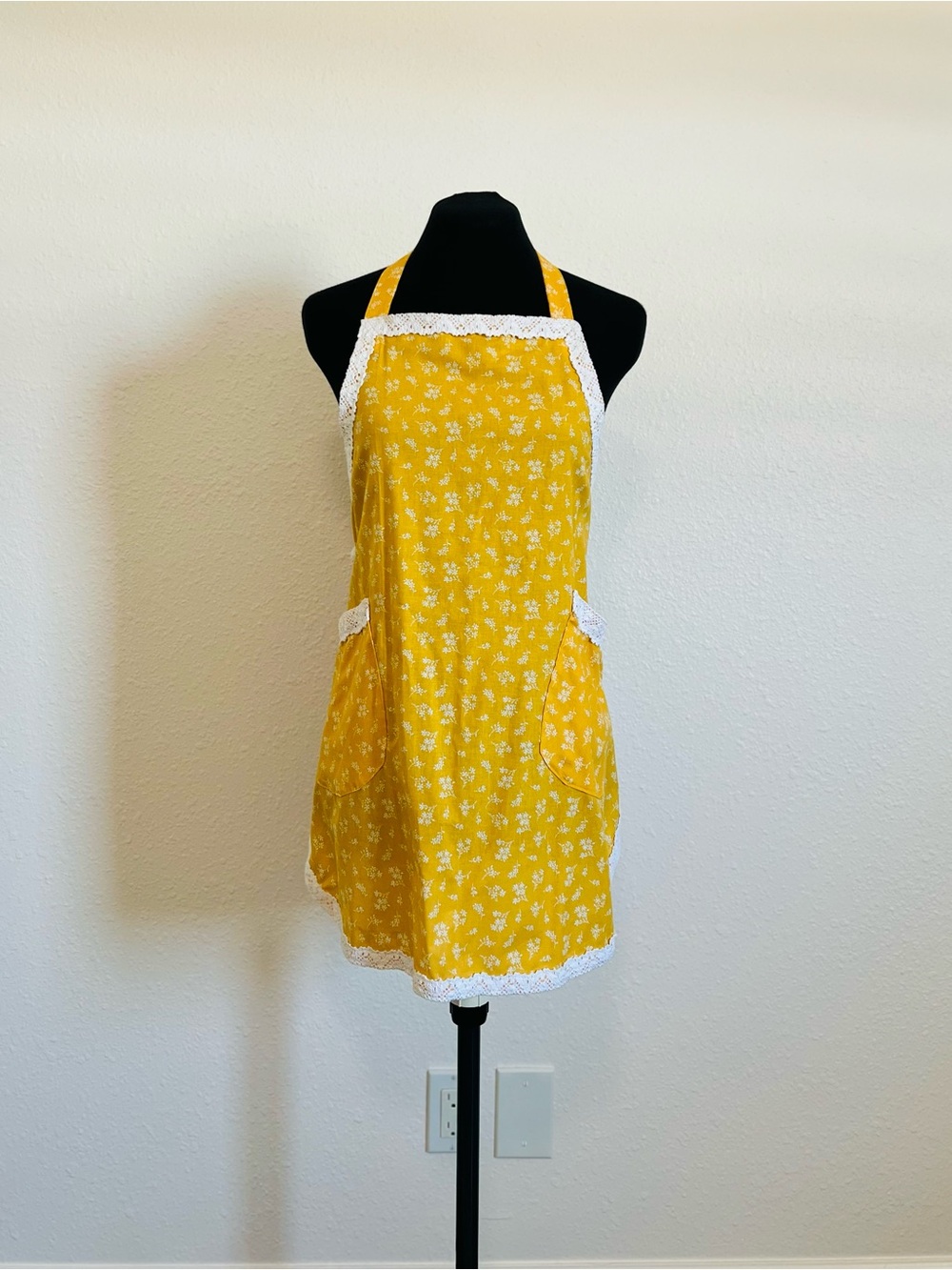Handmade Yellow Floral Apron with White Lace Trim